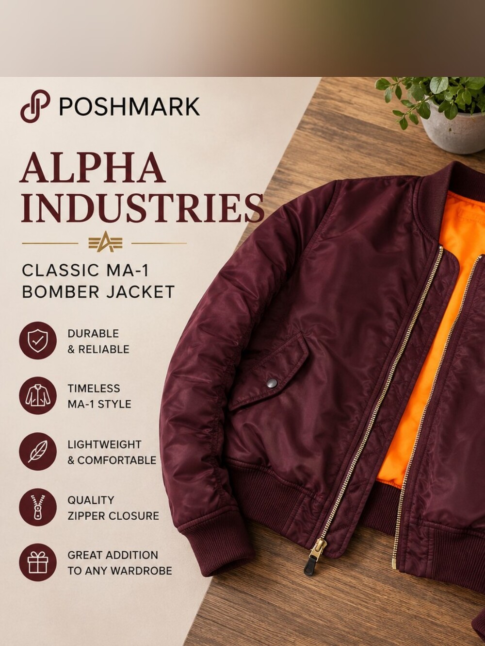 Alpha Industries Maroon Bomber Jacket with Orange Lining
